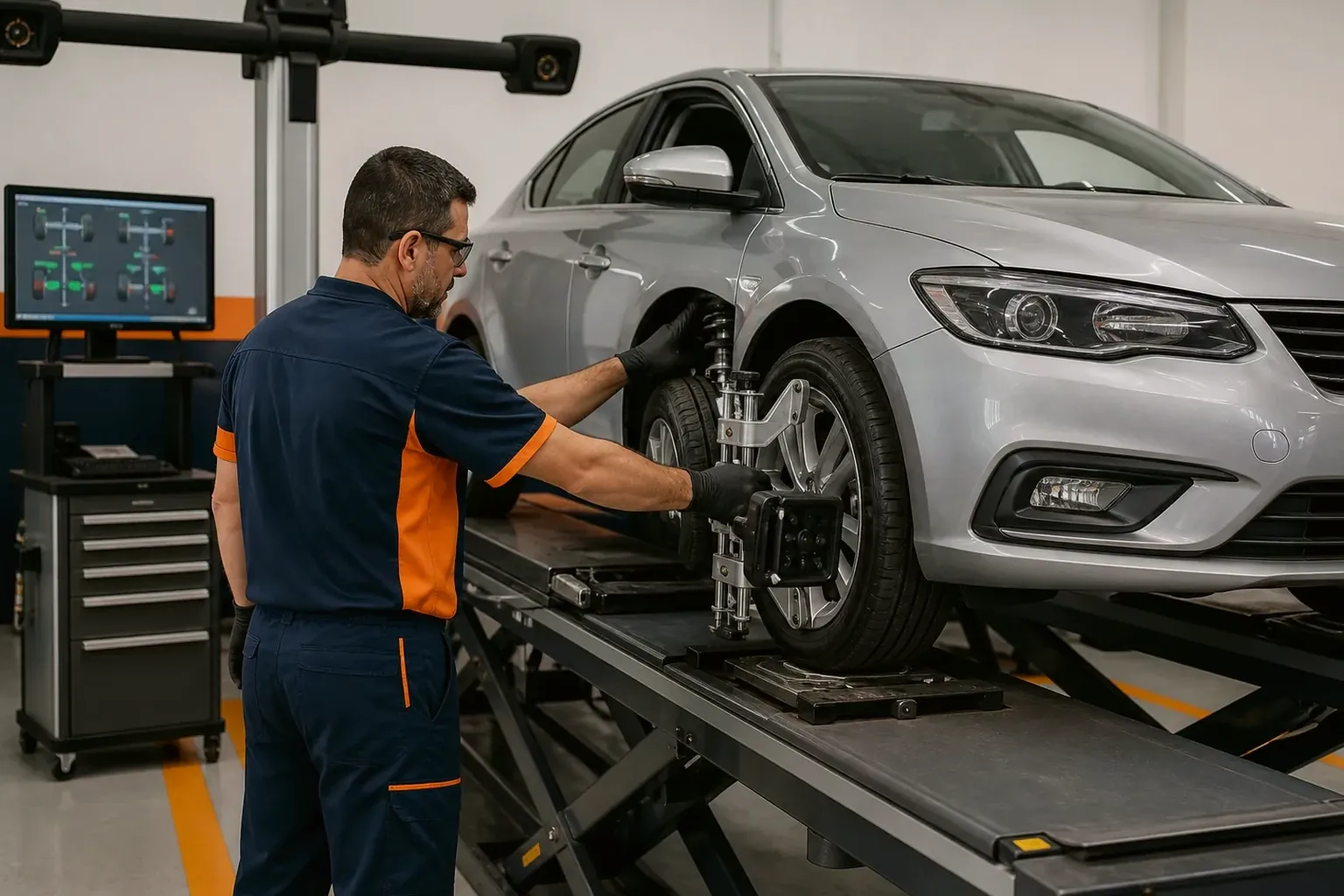 Especialista realizando o alinhamento de rodas com equipamentos técnicos.