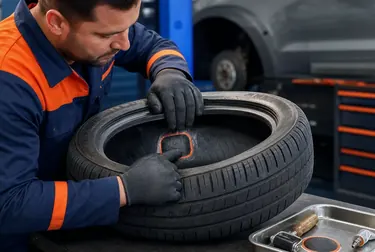 Mecânico consertando um pneu com ferramentas apropriadas.