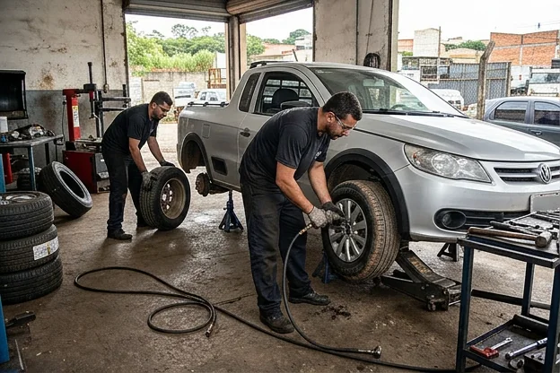 Profissionais realizando rodízio de pneus em veículo com equipamentos de borracharia.
