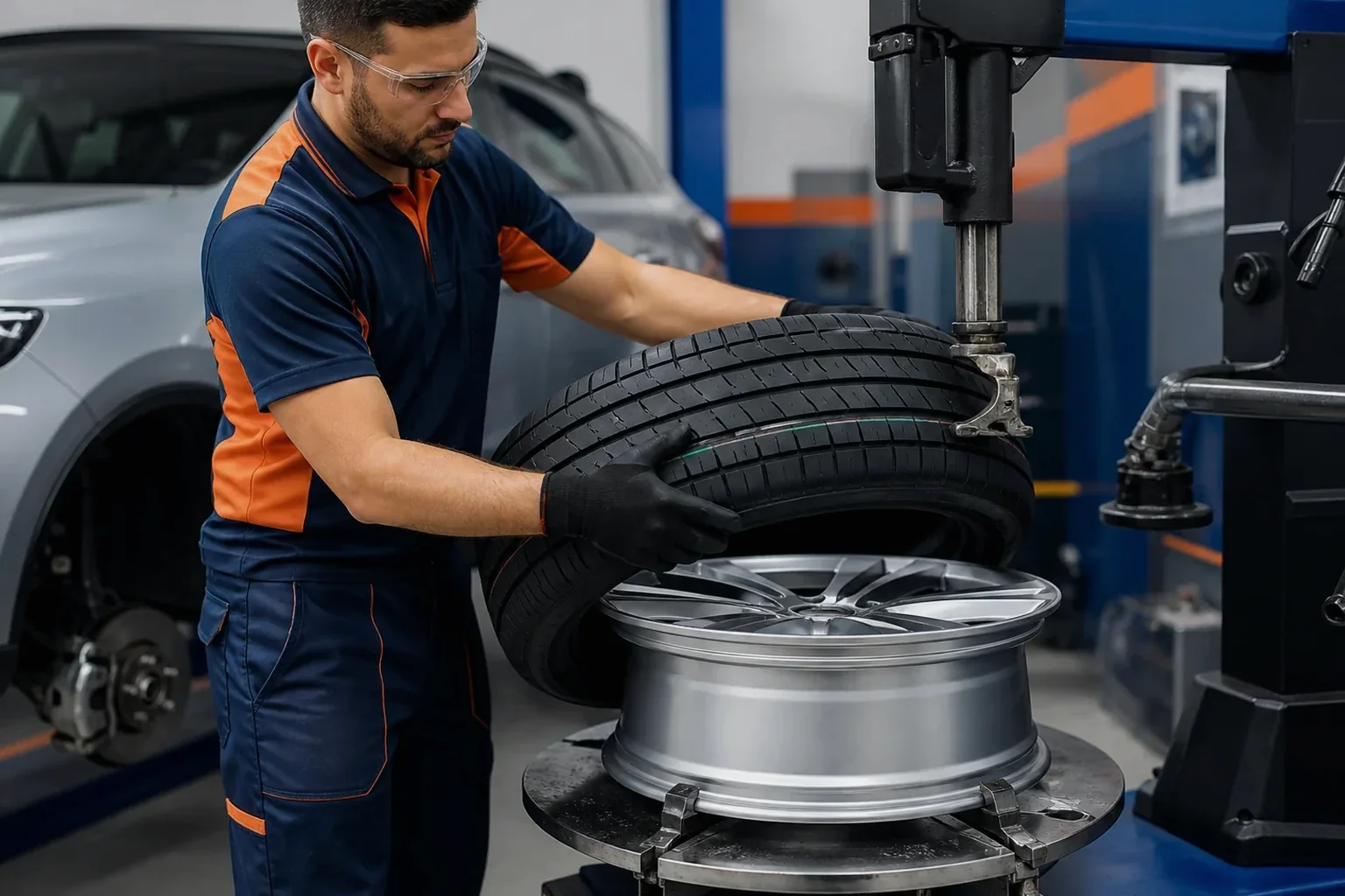 Profissional trocando um pneu de carro com equipamentos adequados.